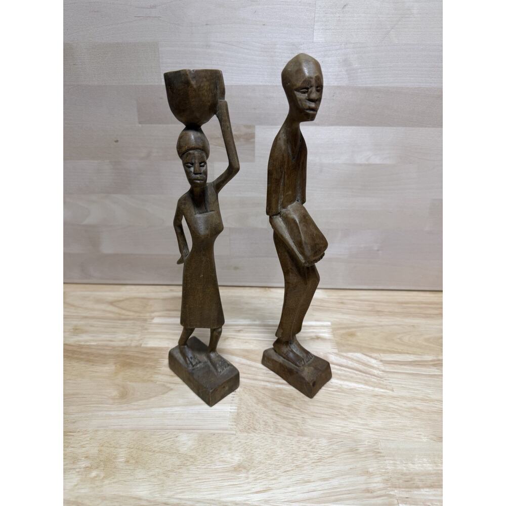 Pair Of African Tribal Hand‎ Carved Wooden Statues Figures Wood Tribal Folk Art